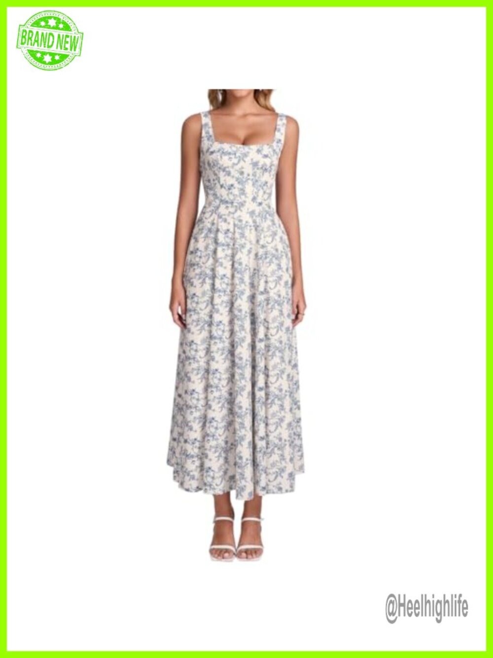 Women's Floral Square Neck Corset Midi Dress with Lace Up Back